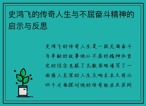 史鸿飞的传奇人生与不屈奋斗精神的启示与反思